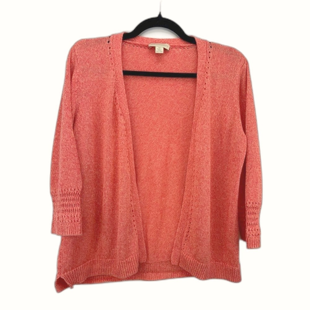 Appleseed's Linen Cotton Crochet-Trim Cardigan,‎ Size M Papaya Color Open Front